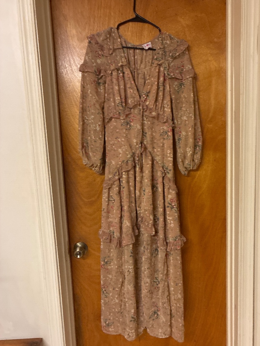 Buddy Love Tan Floral Ruffled Long Sleeve Romantic Feminine Maxi